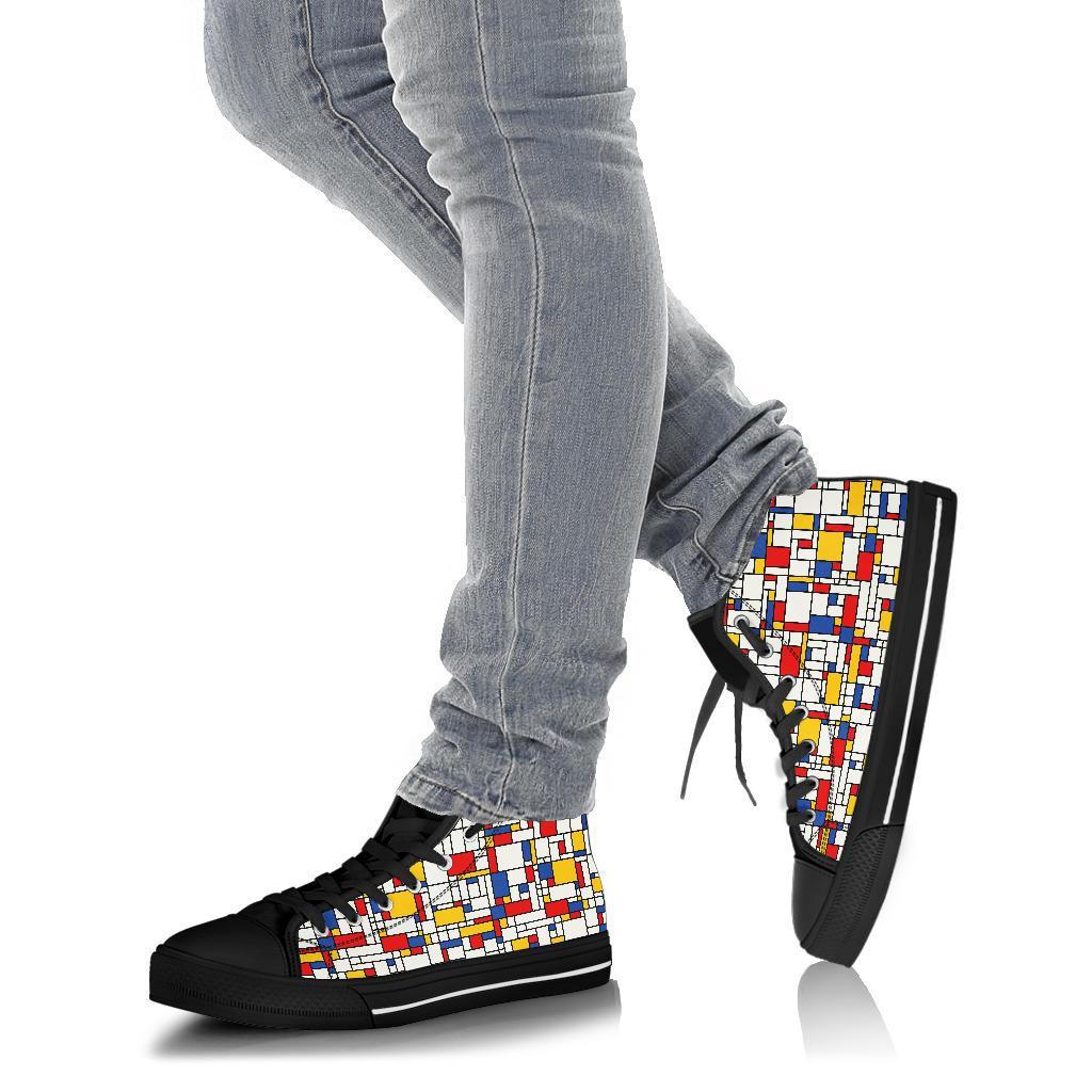 Mondrian Pattern Print Men Women's High Top Shoes-grizzshop