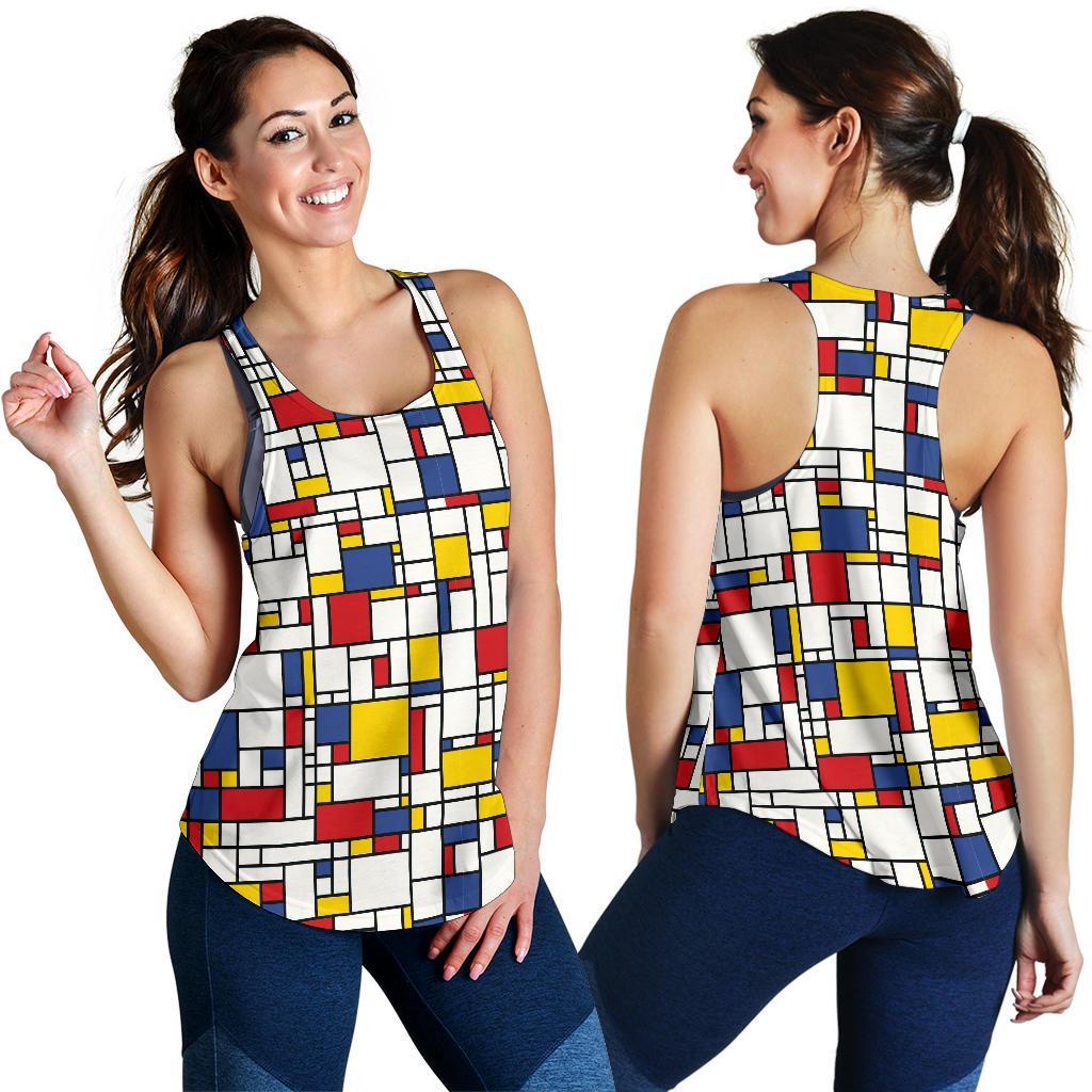 Mondrian Pattern Print Racerback Tank Tops-grizzshop