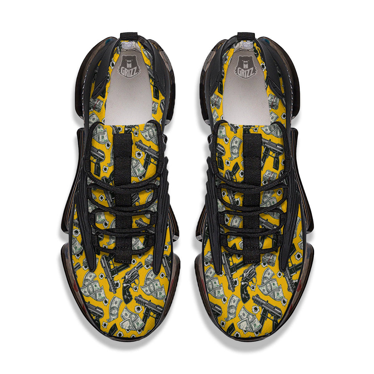 Money And Weapon Vintage Print Pattern Black Gym Shoes-grizzshop
