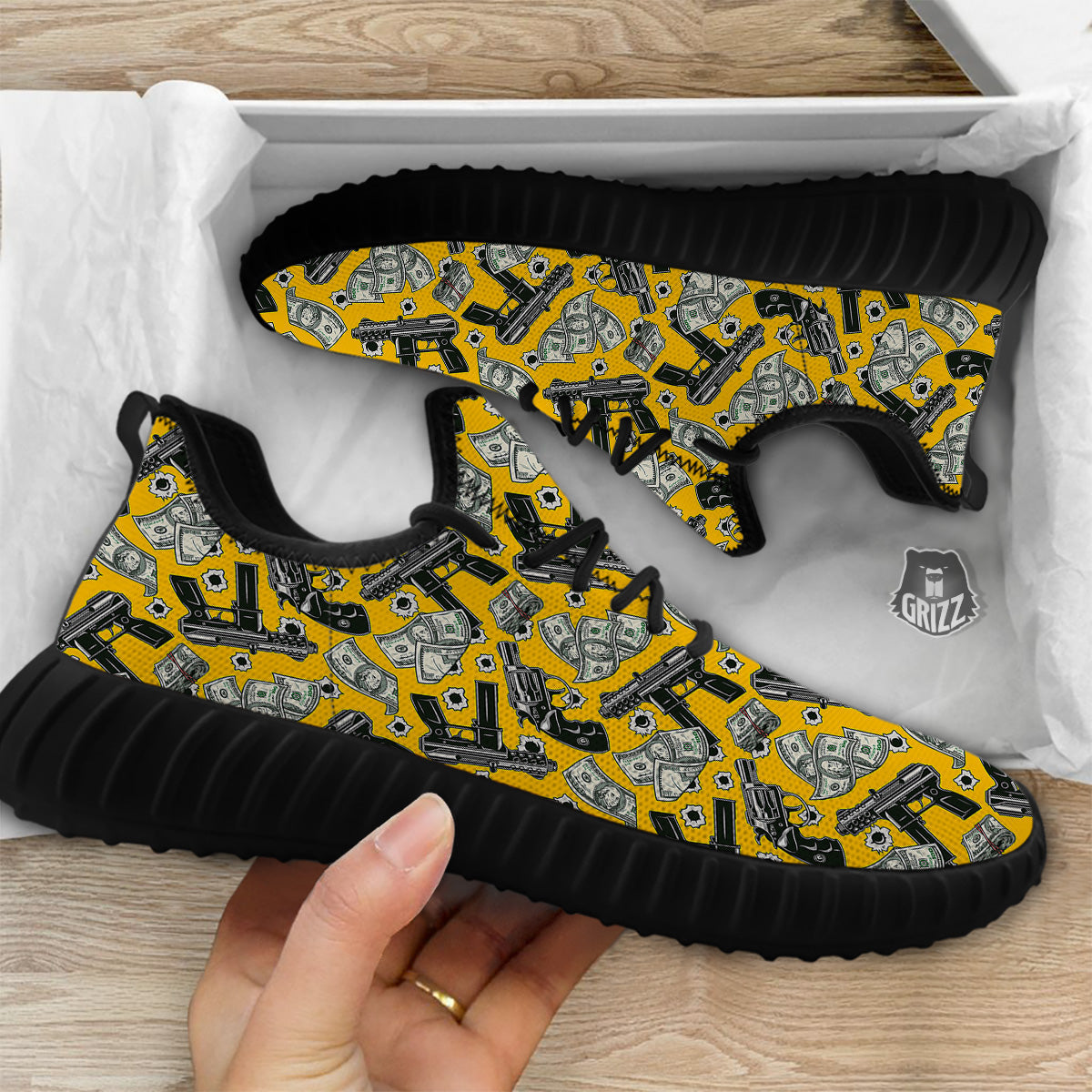 Money And Weapon Vintage Print Pattern Black Walking Shoes-grizzshop