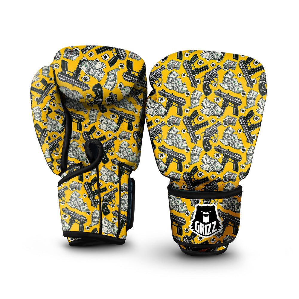 Money And Weapon Vintage Print Pattern Boxing Gloves-grizzshop