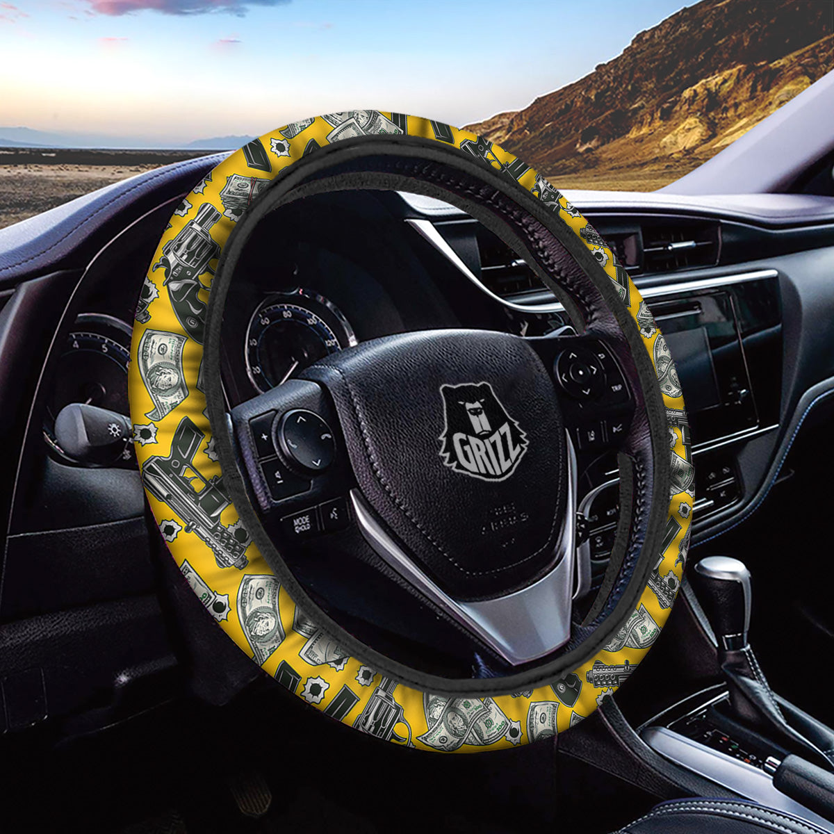 Money And Weapon Vintage Print Pattern Car Steering Wheel Cover-grizzshop