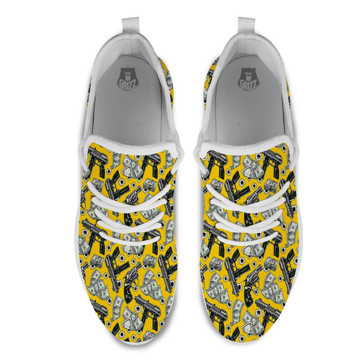 Money And Weapon Vintage Print Pattern White Athletic Shoes-grizzshop