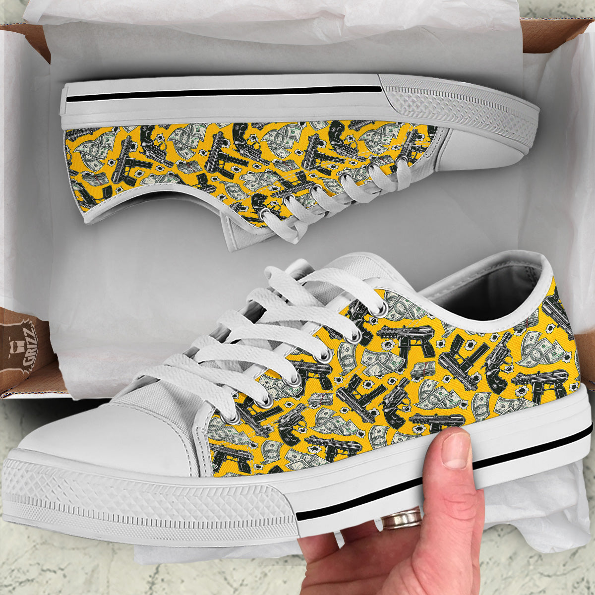Money And Weapon Vintage Print Pattern White Low Top Shoes-grizzshop