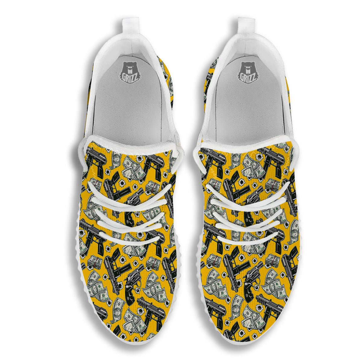 Money And Weapon Vintage Print Pattern White Walking Shoes-grizzshop
