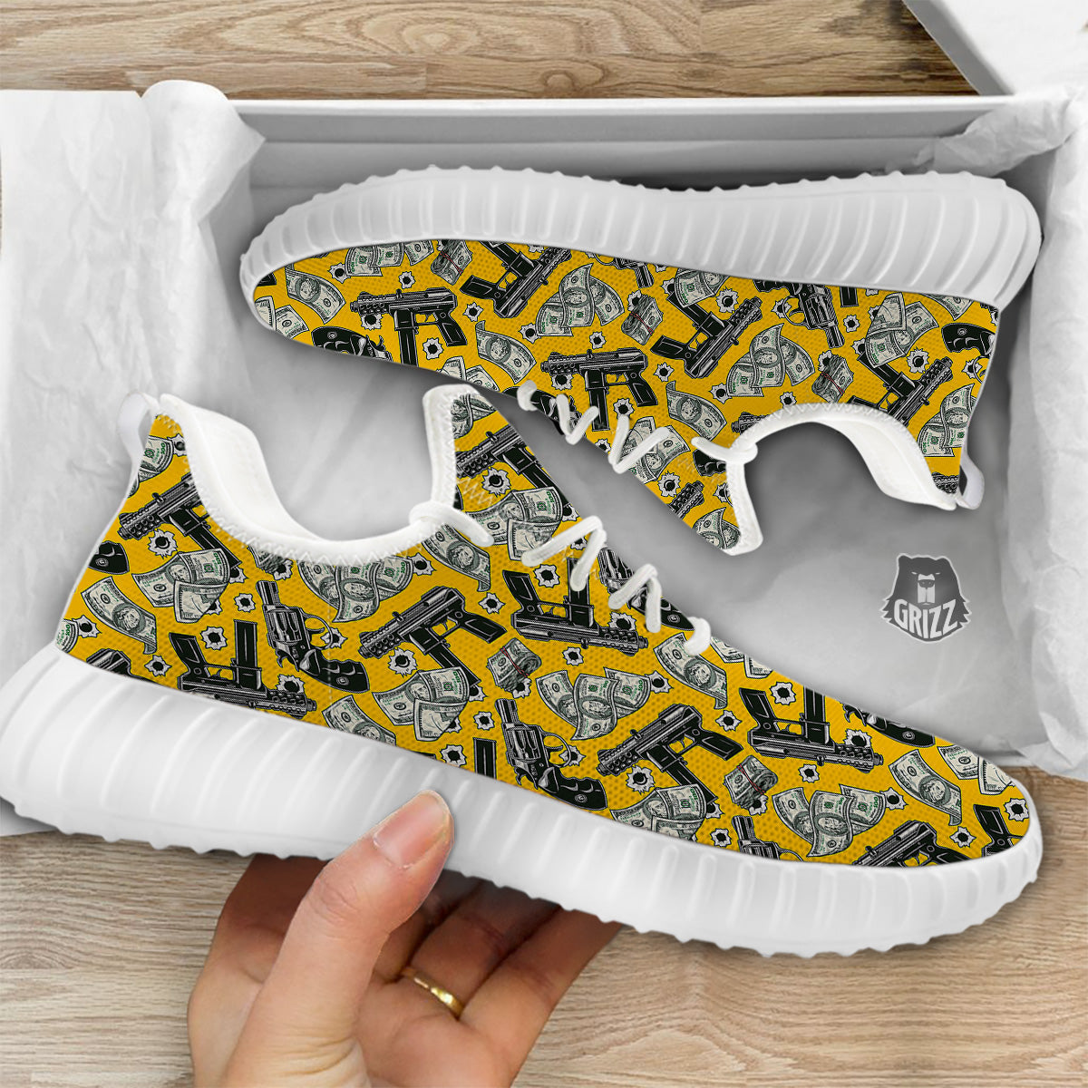 Money And Weapon Vintage Print Pattern White Walking Shoes-grizzshop