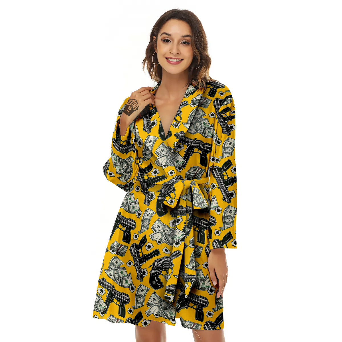 Money And Weapon Vintage Print Pattern Women's Robe-grizzshop