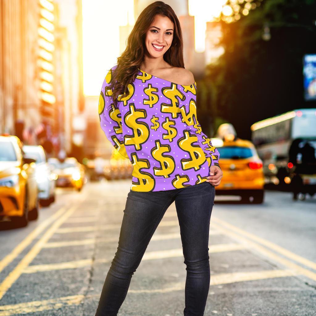 Money Dollar Pattern Print Women Off Shoulder Sweatshirt-grizzshop
