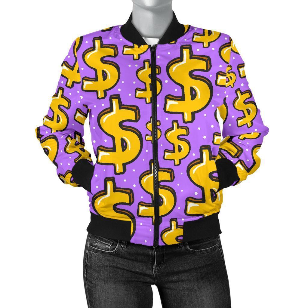 Money Dollar Pattern Print Women Casual Bomber Jacket-grizzshop