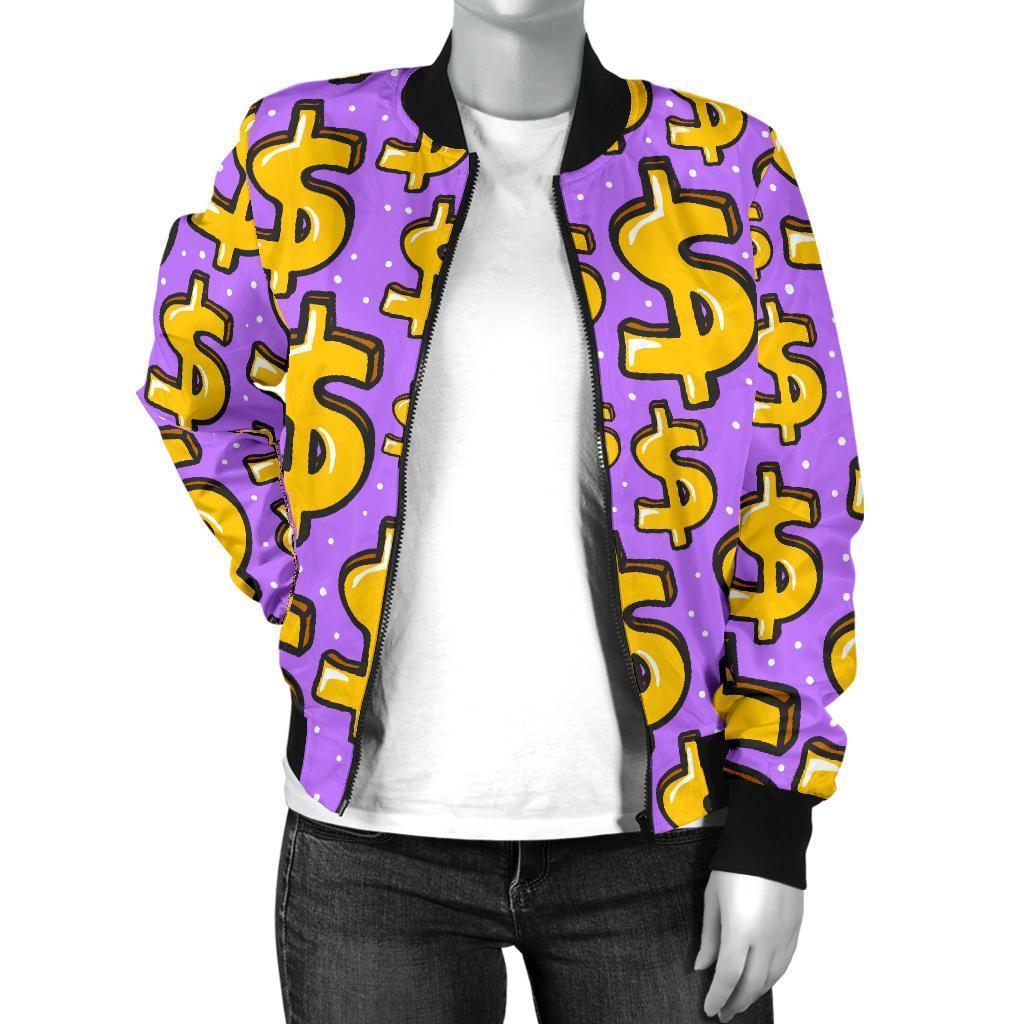 Money Dollar Pattern Print Women Casual Bomber Jacket-grizzshop