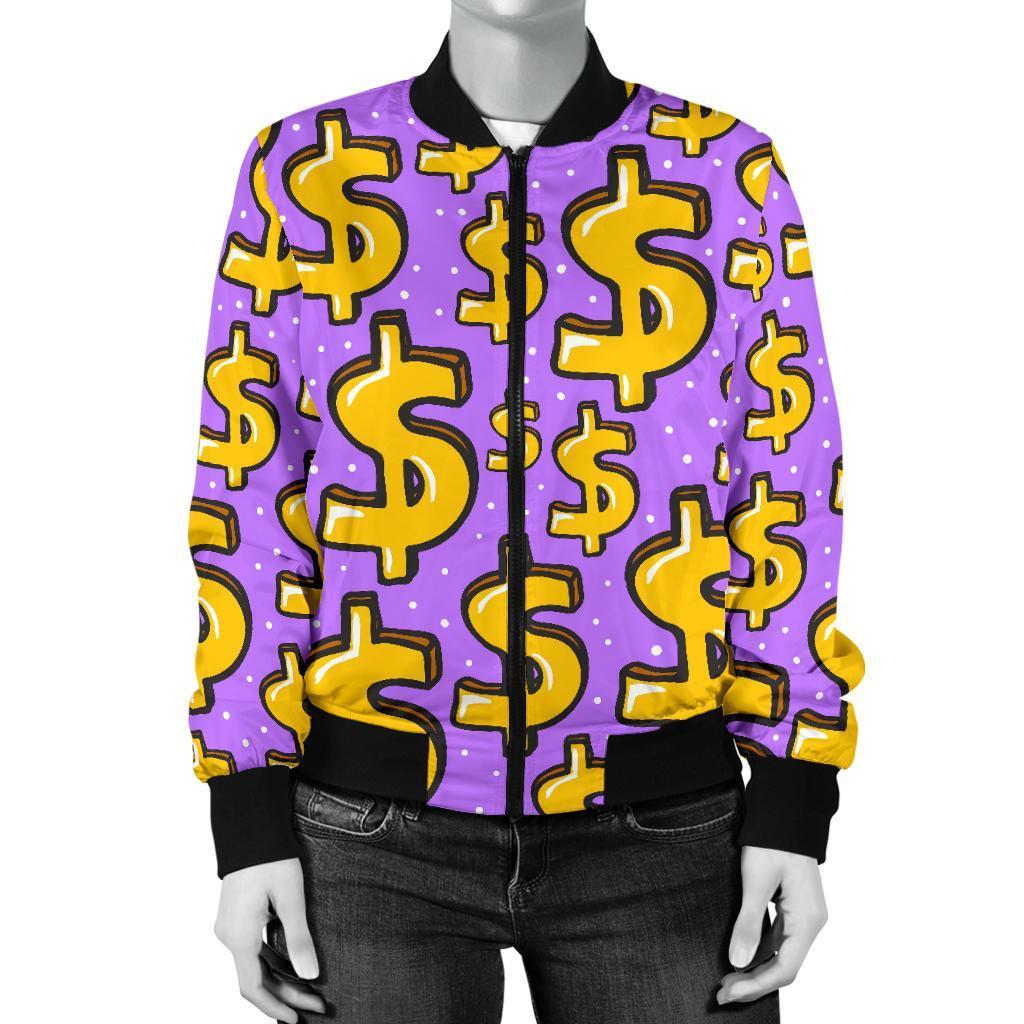 Money Dollar Pattern Print Women Casual Bomber Jacket-grizzshop