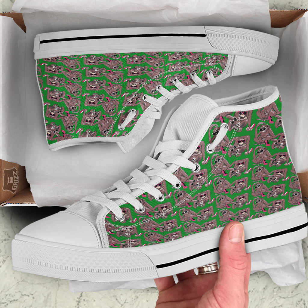 Monkey with the Shoes and Glasses Print Pattern White High Top Shoes-grizzshop
