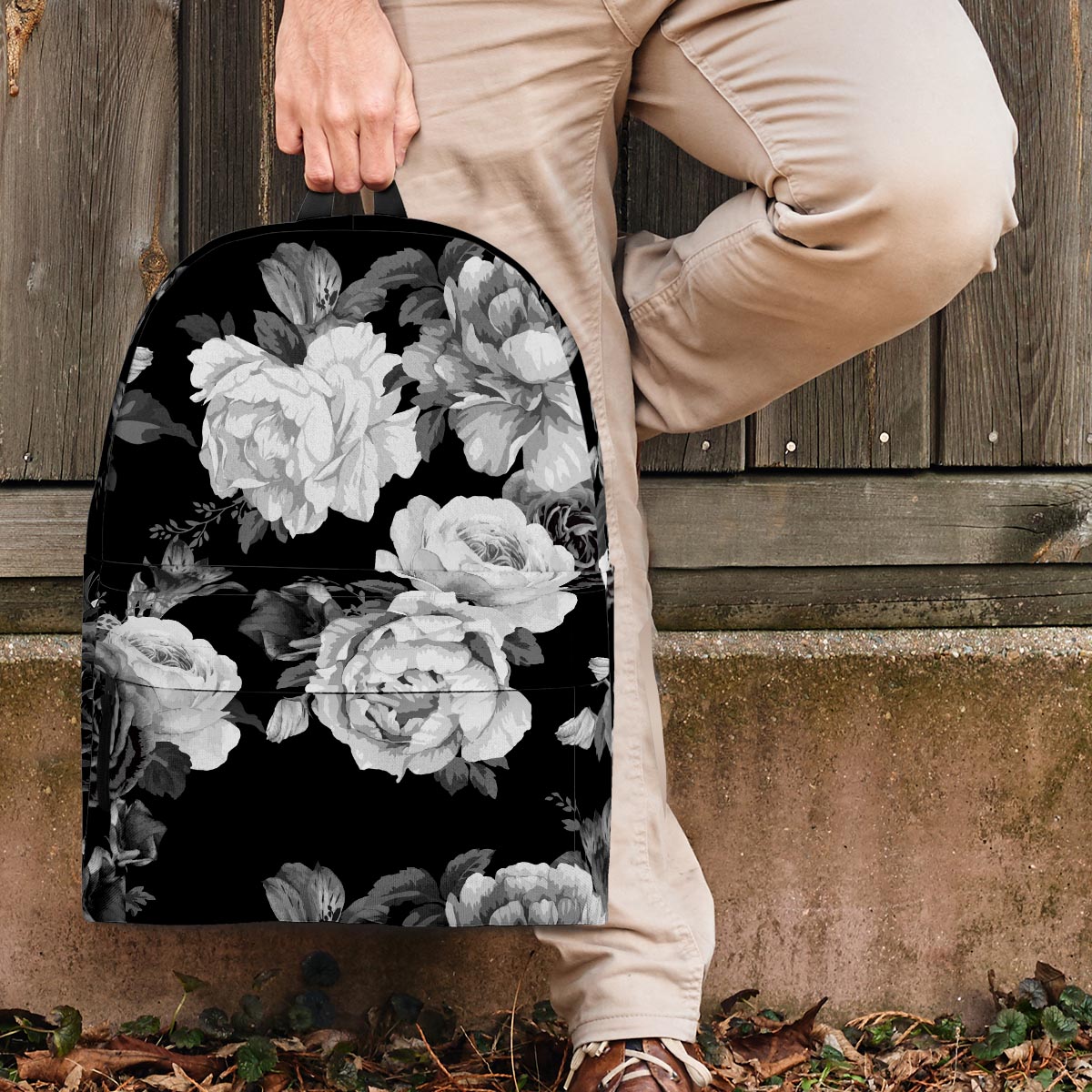 Monochrome Rose Floral Backpack-grizzshop