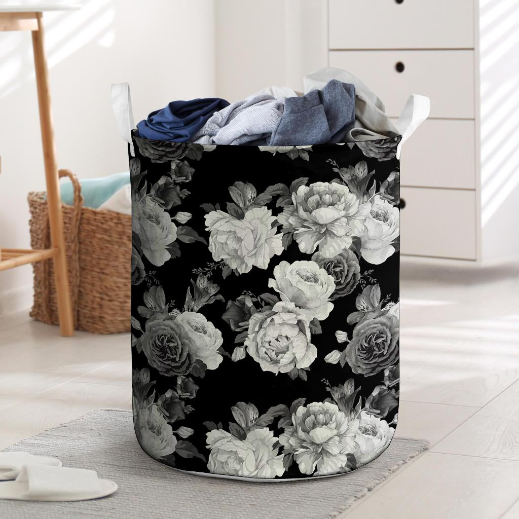 Monochrome Rose Floral Laundry Basket-grizzshop