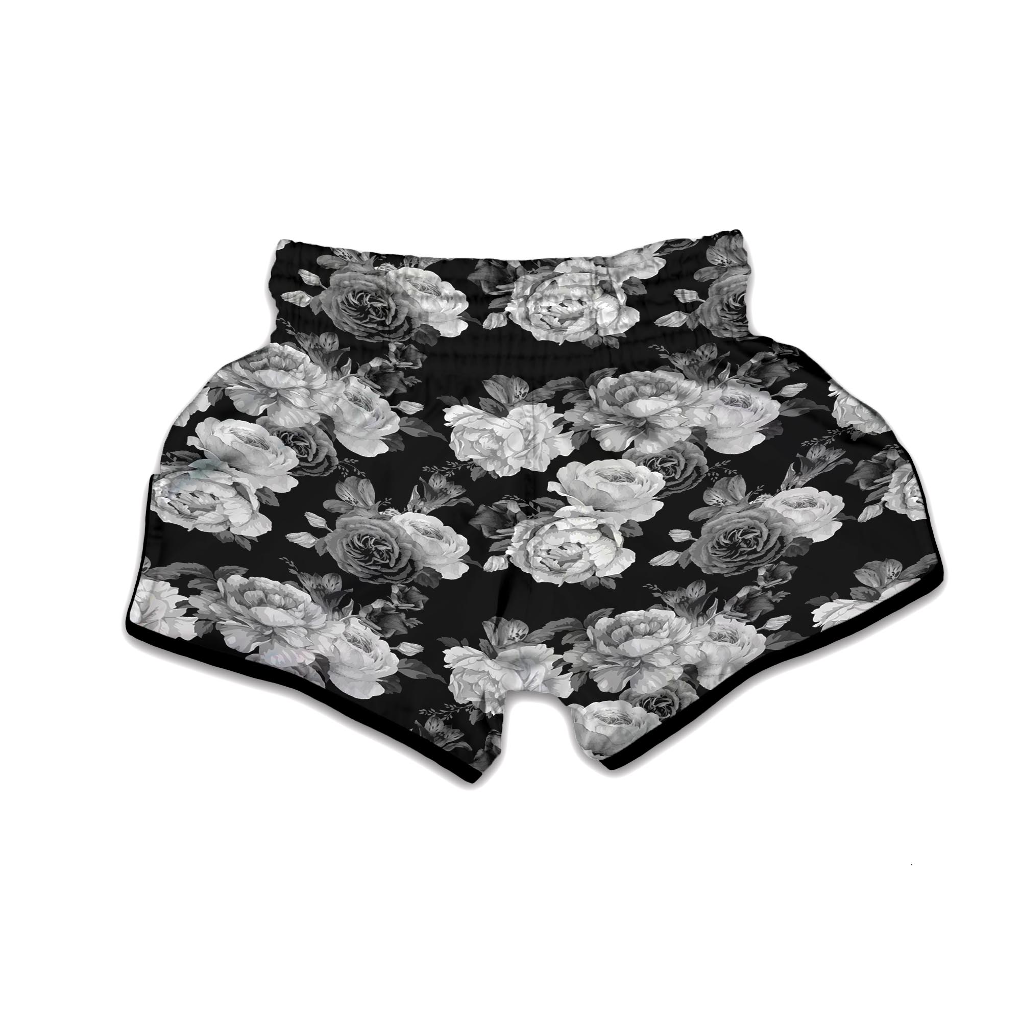 Monochrome Rose Floral Muay Thai Boxing Shorts-grizzshop