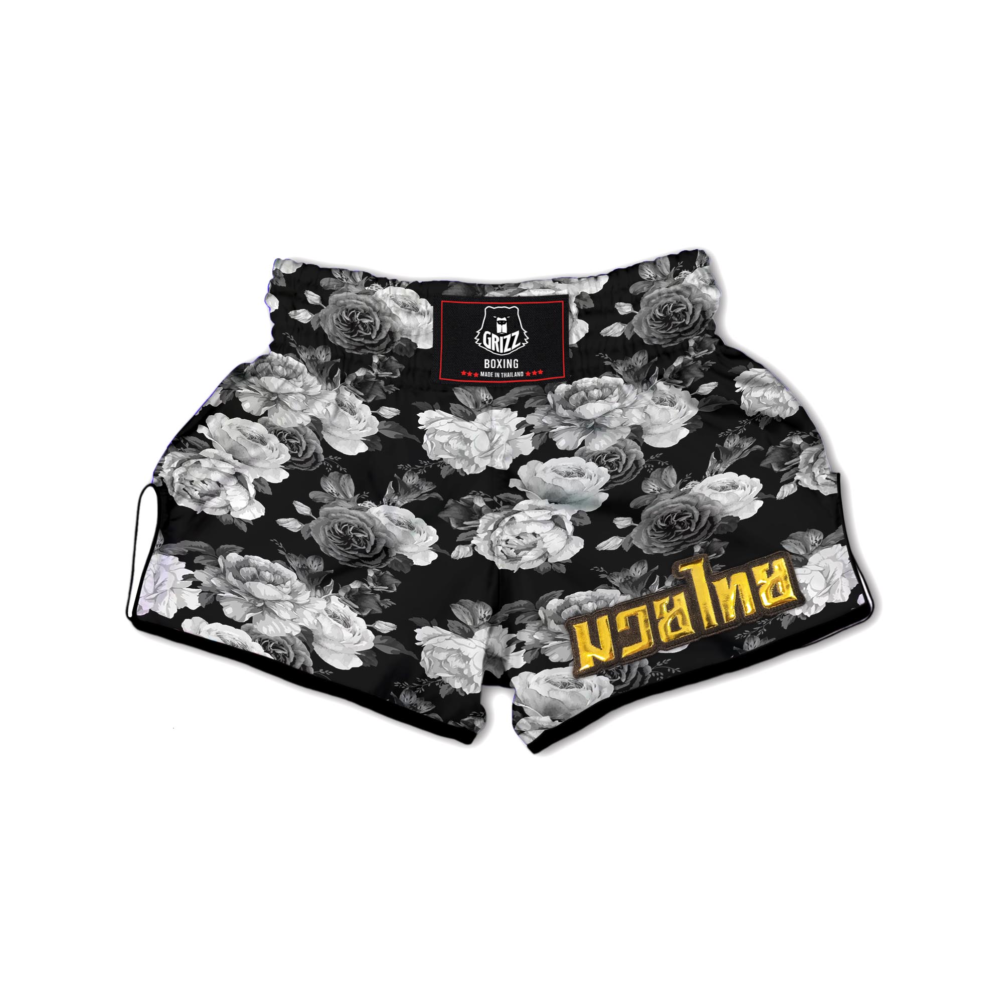 Monochrome Rose Floral Muay Thai Boxing Shorts-grizzshop