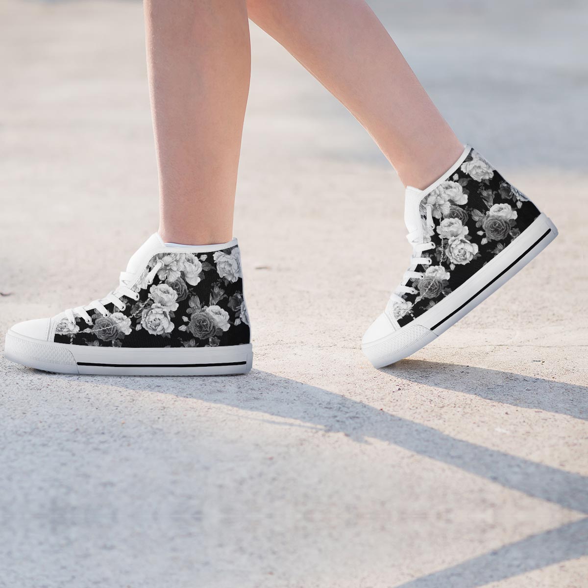 Monochrome Rose Floral Women's High Top Shoes-grizzshop