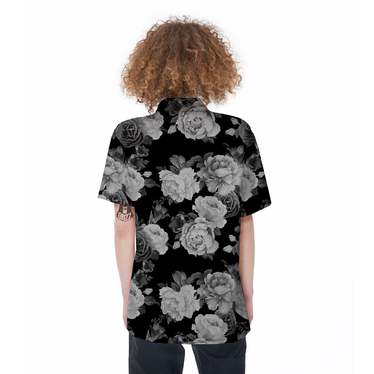 Monochrome Rose Floral Women's Short Sleeve Shirts-grizzshop