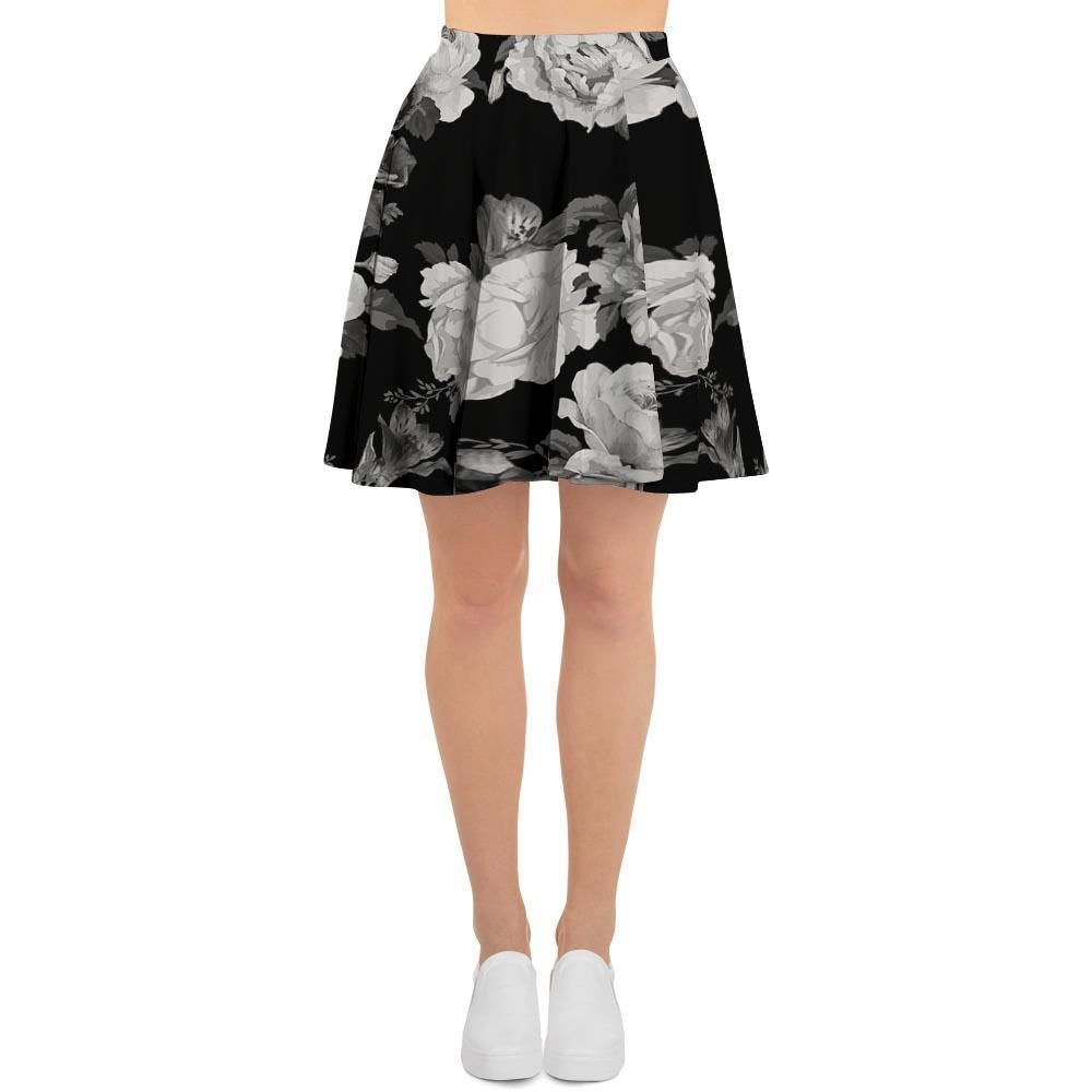 Monochrome Rose Floral Women's Skirt-grizzshop