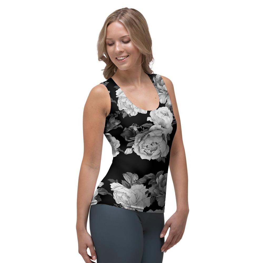Monochrome Rose Floral Women's Tank Top-grizzshop