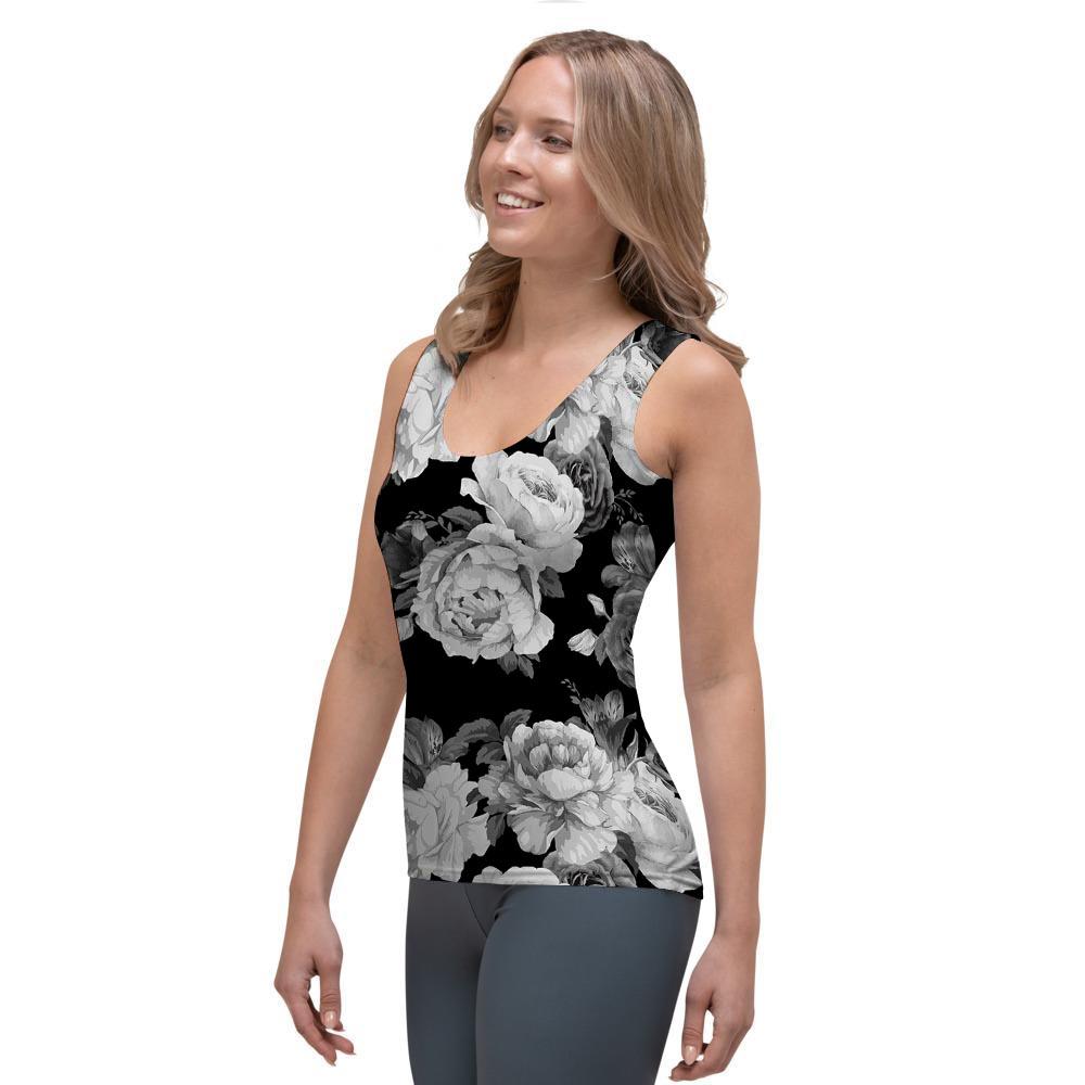 Monochrome Rose Floral Women's Tank Top-grizzshop