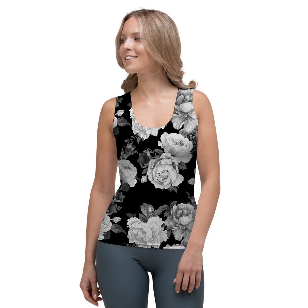 Monochrome Rose Floral Women's Tank Top-grizzshop
