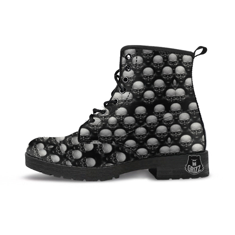 Monochrome Scary Faces Hand Drawn Print Pattern Leather Boots-grizzshop