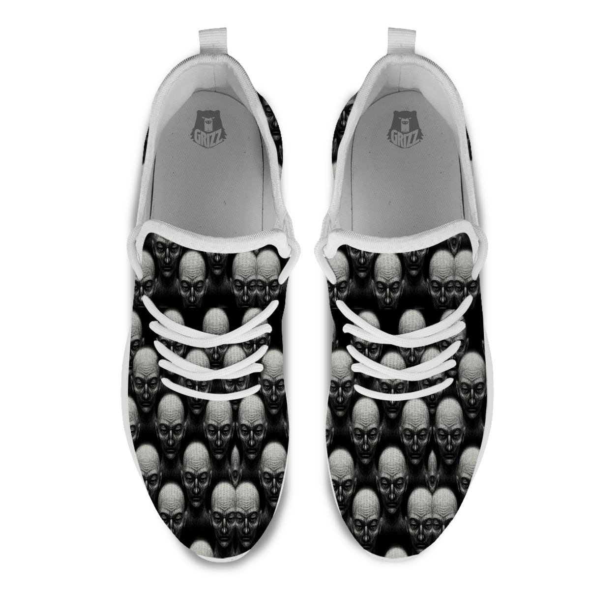 Monochrome Scary Faces Hand Drawn Print Pattern White Athletic Shoes-grizzshop