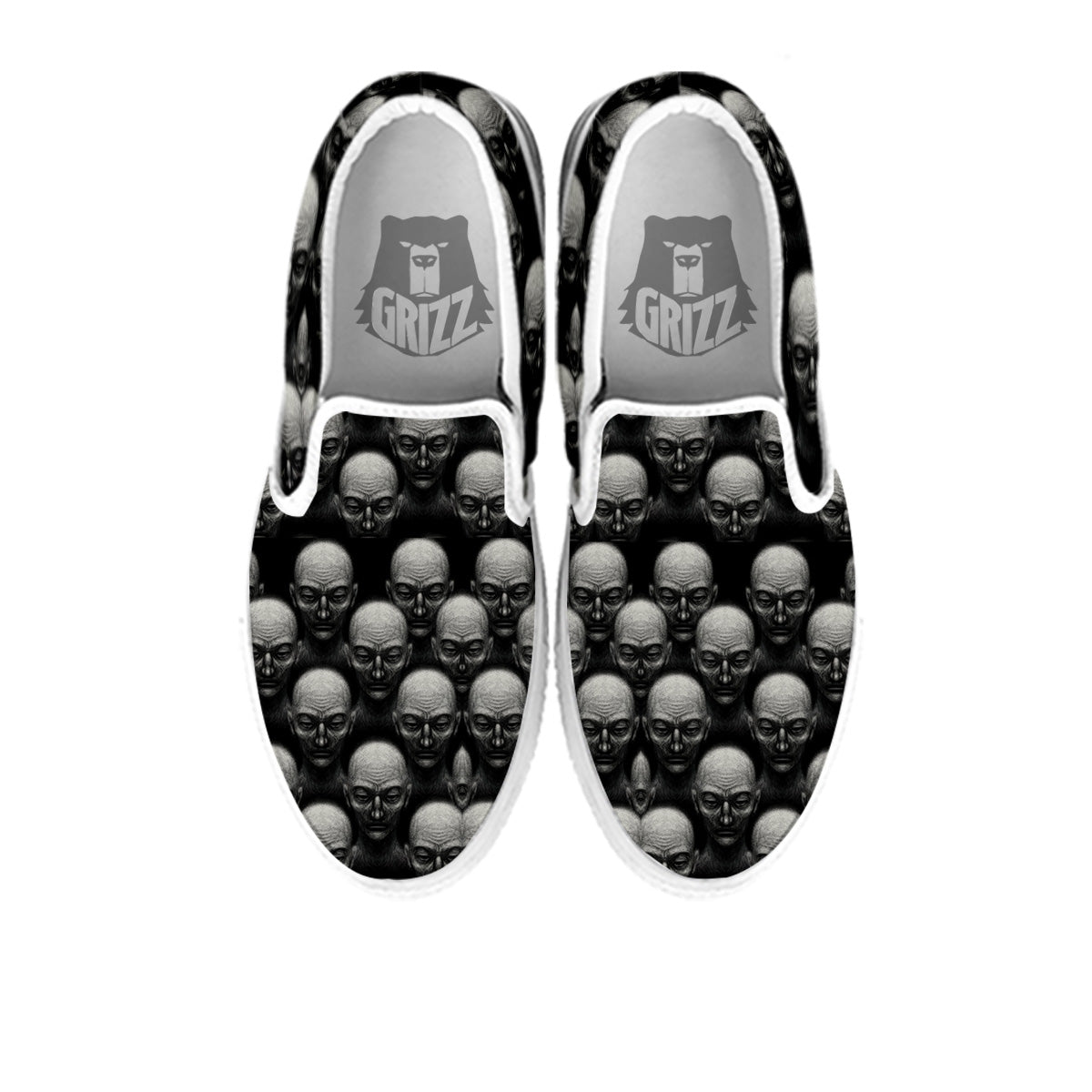 Monochrome Scary Faces Hand Drawn Print Pattern White Slip On Shoes-grizzshop