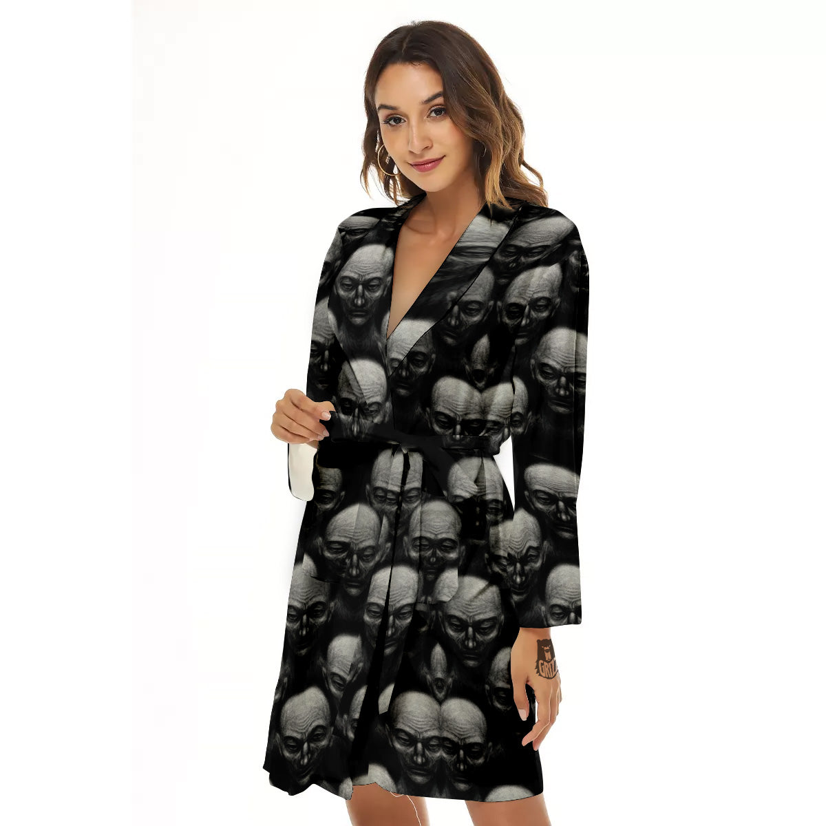Monochrome Scary Faces Hand Drawn Print Pattern Women's Robe-grizzshop