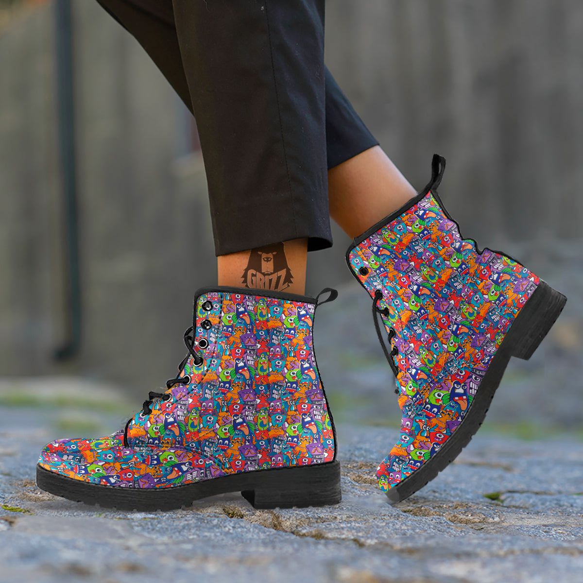 Monster Cute Print Pattern Leather Boots-grizzshop