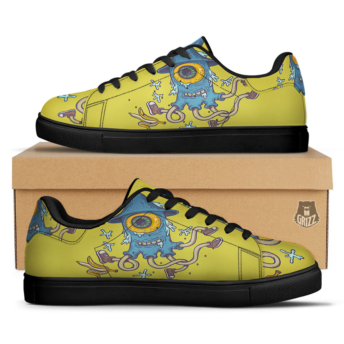 Monster Graffiti Characters Print Black Low Top Sneakers-grizzshop