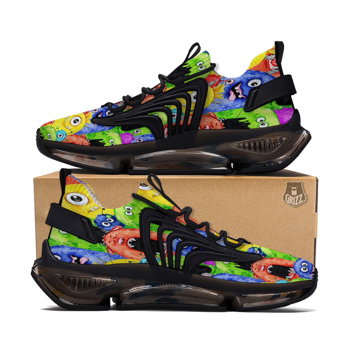 Monster Watercolor Print Pattern Black Gym Shoes-grizzshop