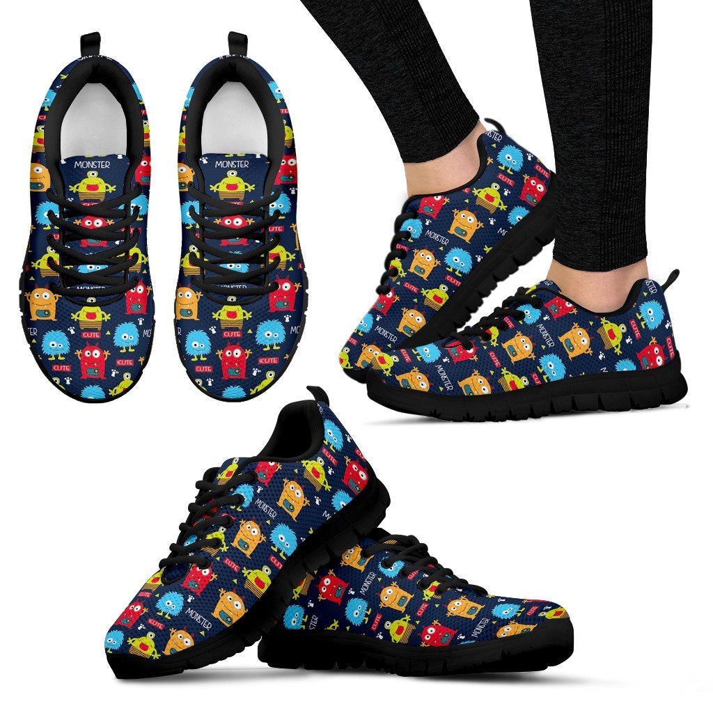 Monster Fluffy Pattern Print Black Sneaker Shoes For Men Women-grizzshop