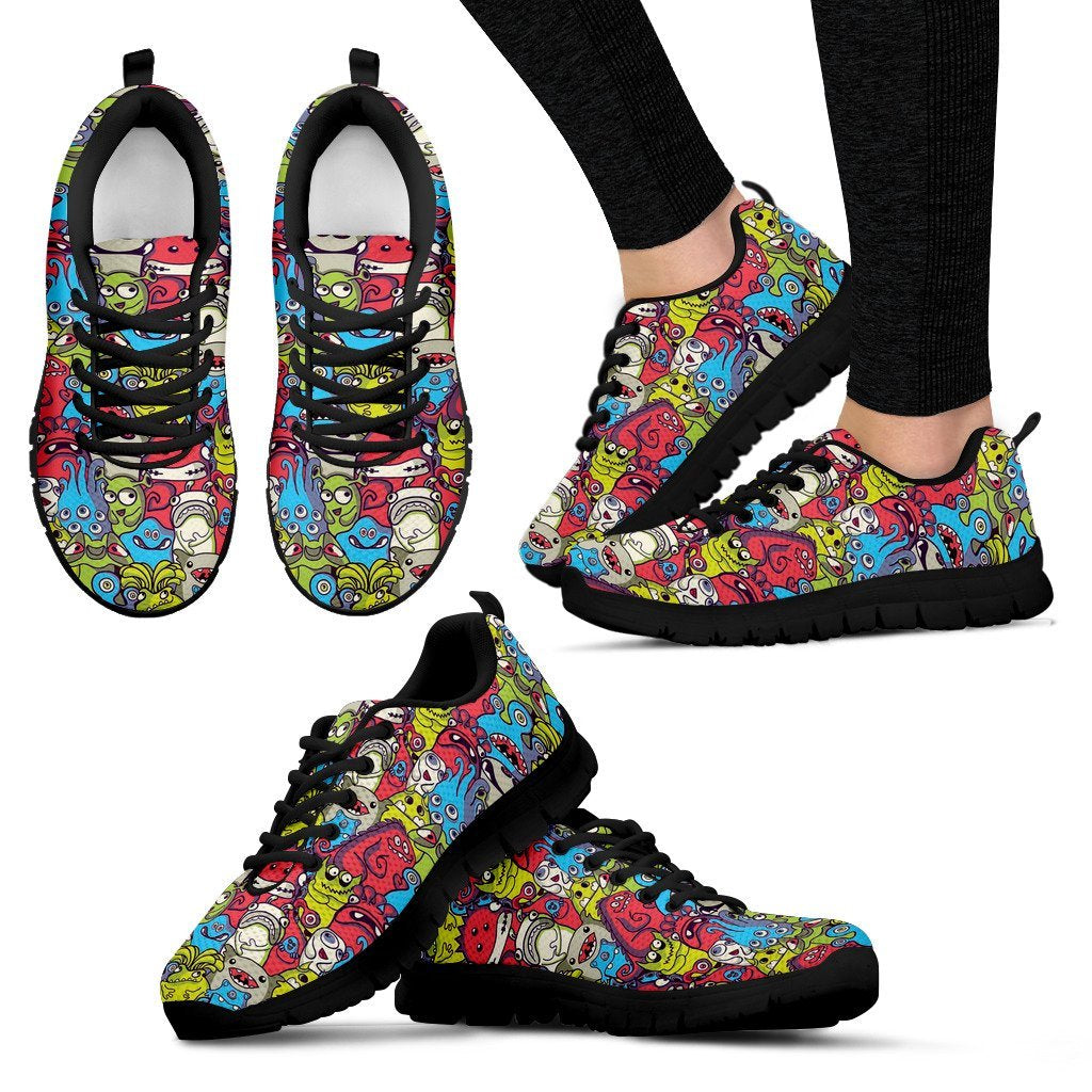 Monster Pattern Print Black Sneaker Shoes For Men Women-grizzshop