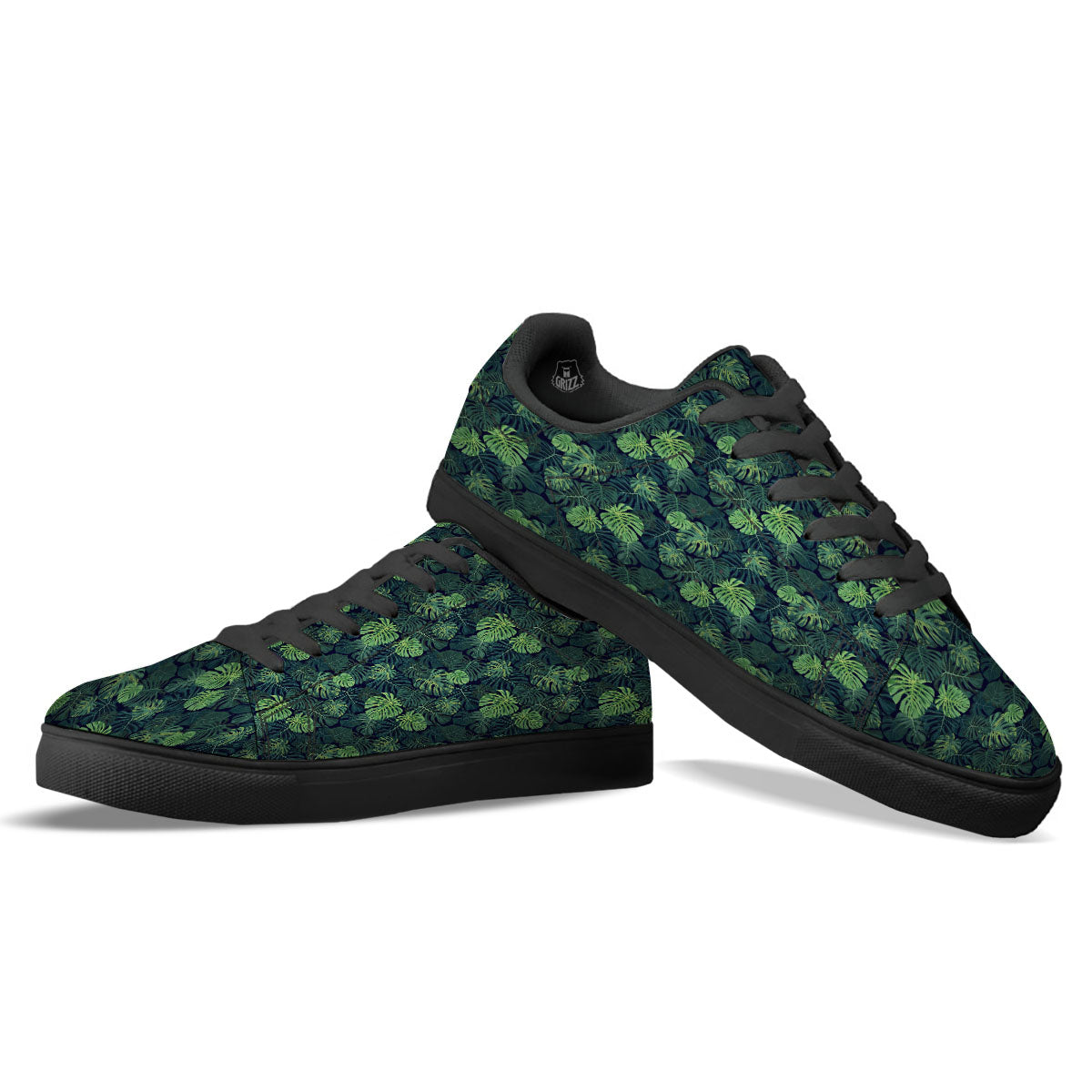 Monstera Green Tropical Print Pattern Black Low Top Sneakers-grizzshop