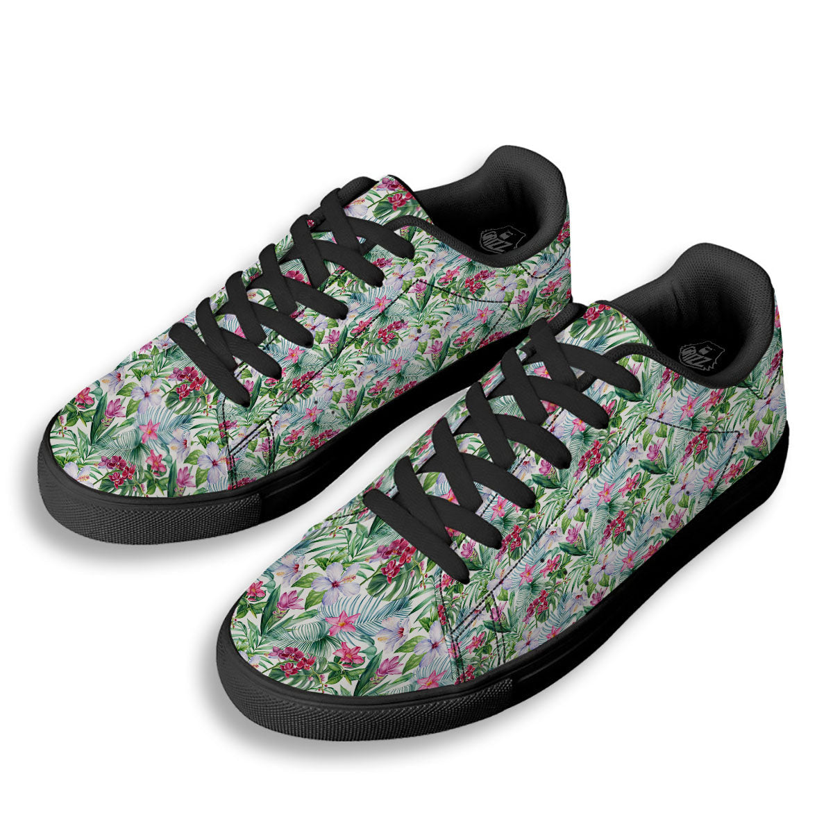 Monstera Hawaii Hibiscus Print Pattern Black Low Top Sneakers-grizzshop