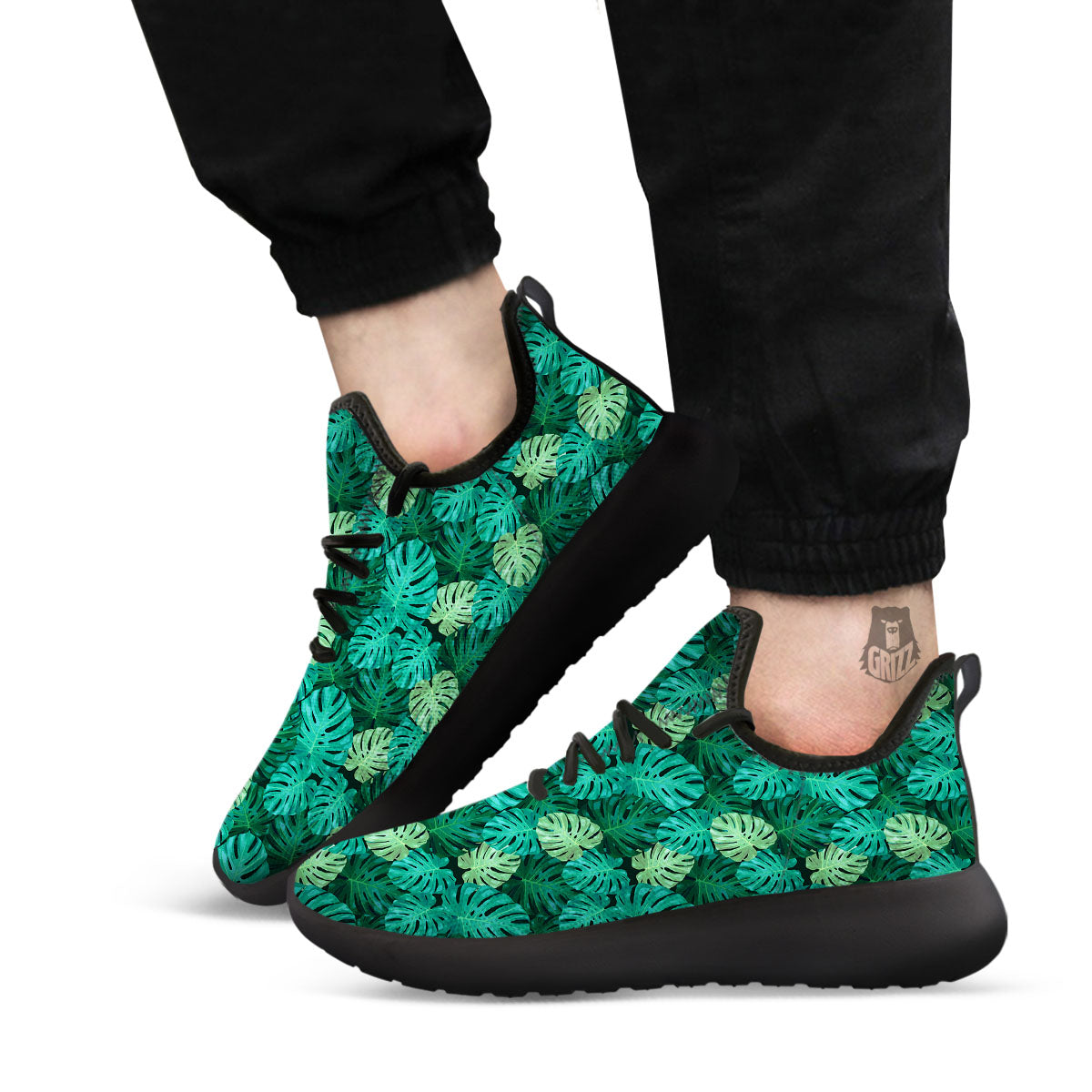 Monstera Leaf Green Print Black Athletic Shoes-grizzshop