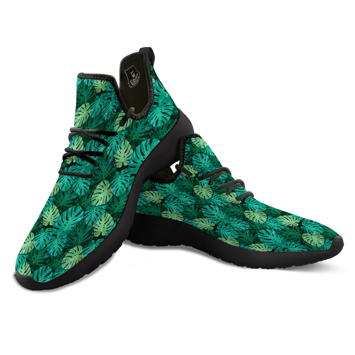Monstera Leaf Green Print Black Athletic Shoes-grizzshop
