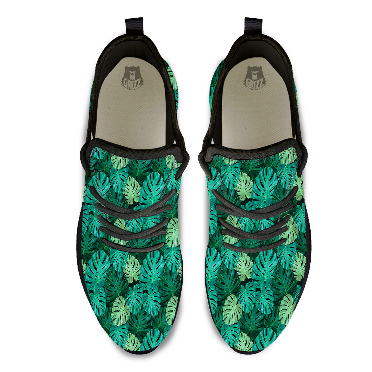 Monstera Leaf Green Print Black Athletic Shoes-grizzshop