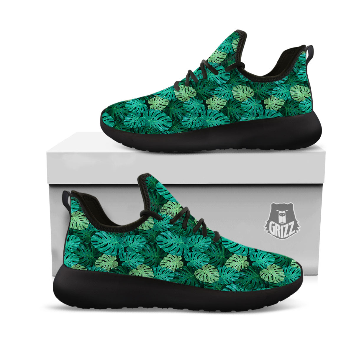 Monstera Leaf Green Print Black Athletic Shoes-grizzshop
