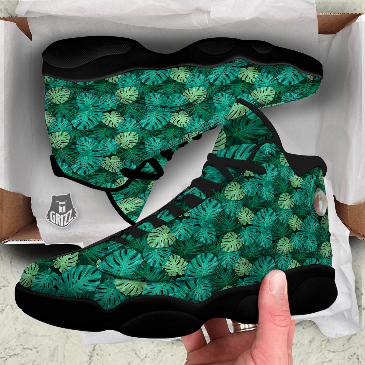 Monstera Leaf Green Print Black Basketball Shoes-grizzshop