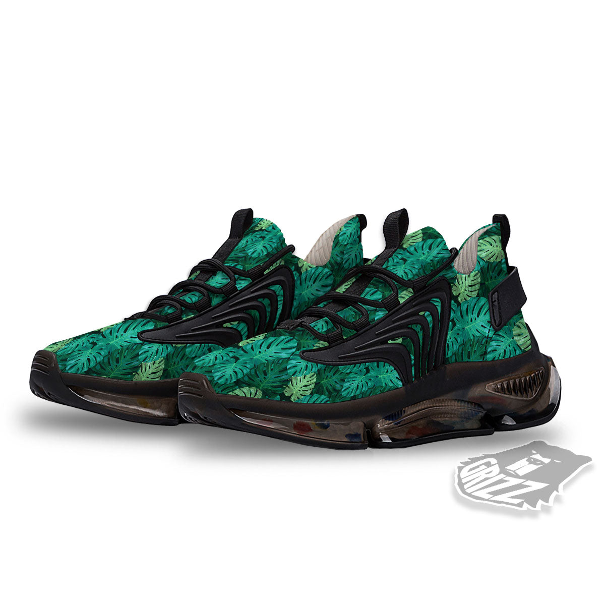 Monstera Leaf Green Print Black Gym Shoes-grizzshop