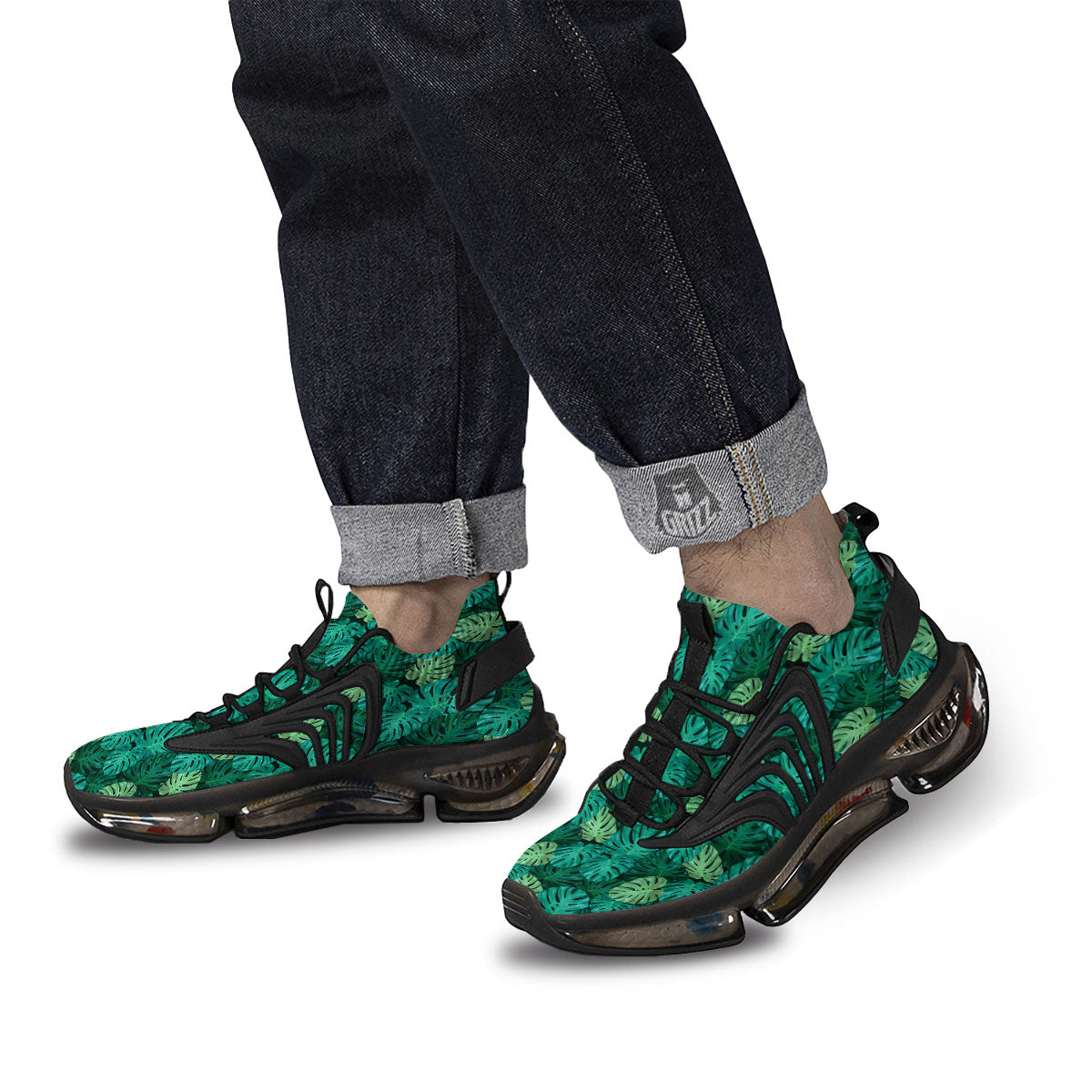 Monstera Leaf Green Print Black Gym Shoes-grizzshop