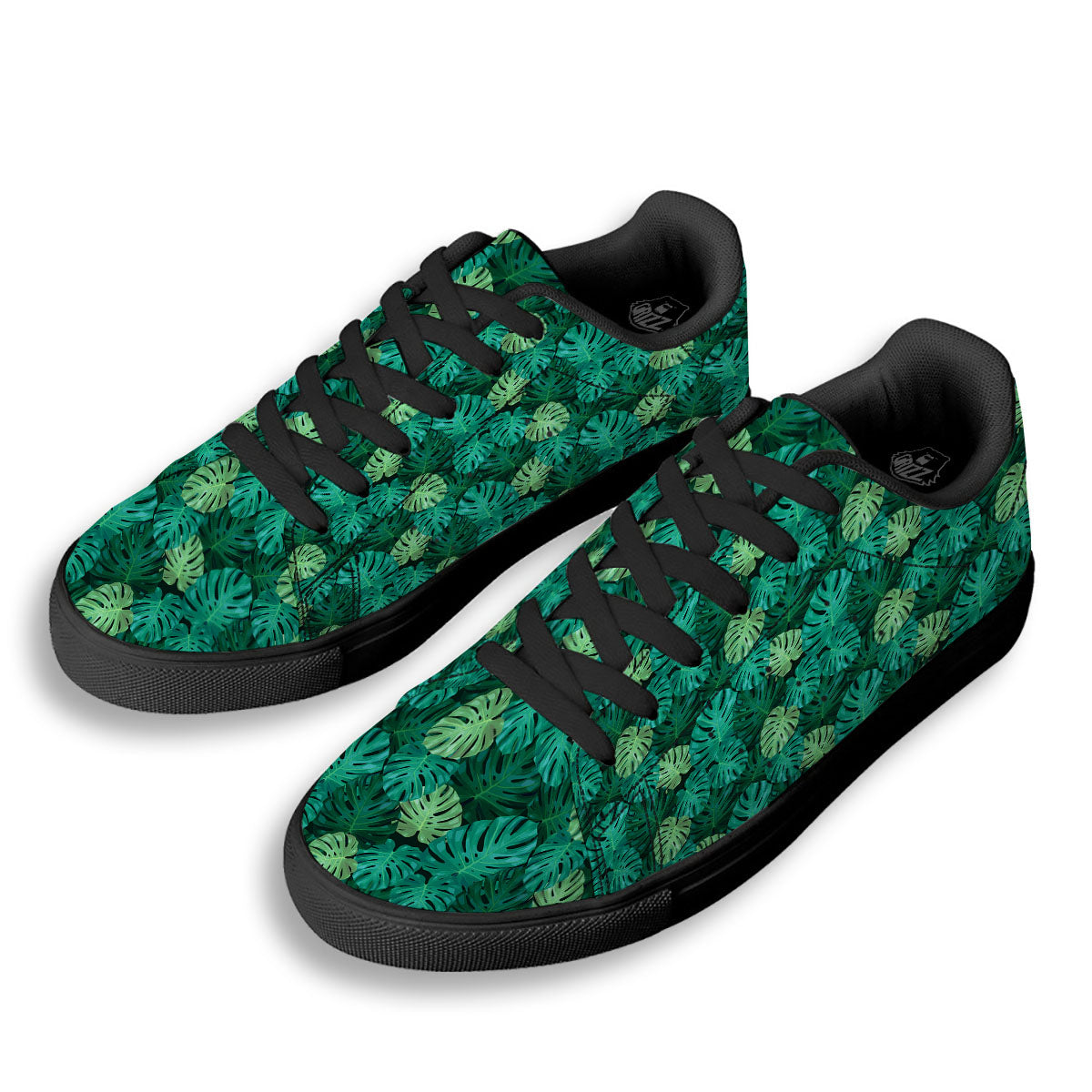 Monstera Leaf Green Print Black Low Top Sneakers-grizzshop