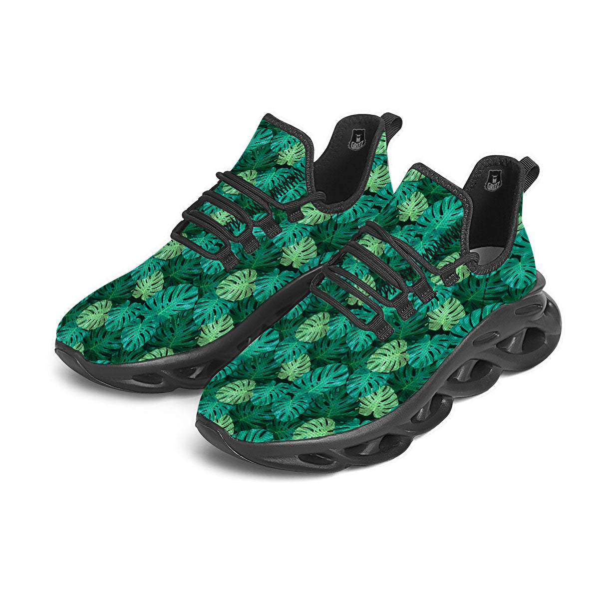 Monstera Leaf Green Print Black Running Shoes-grizzshop