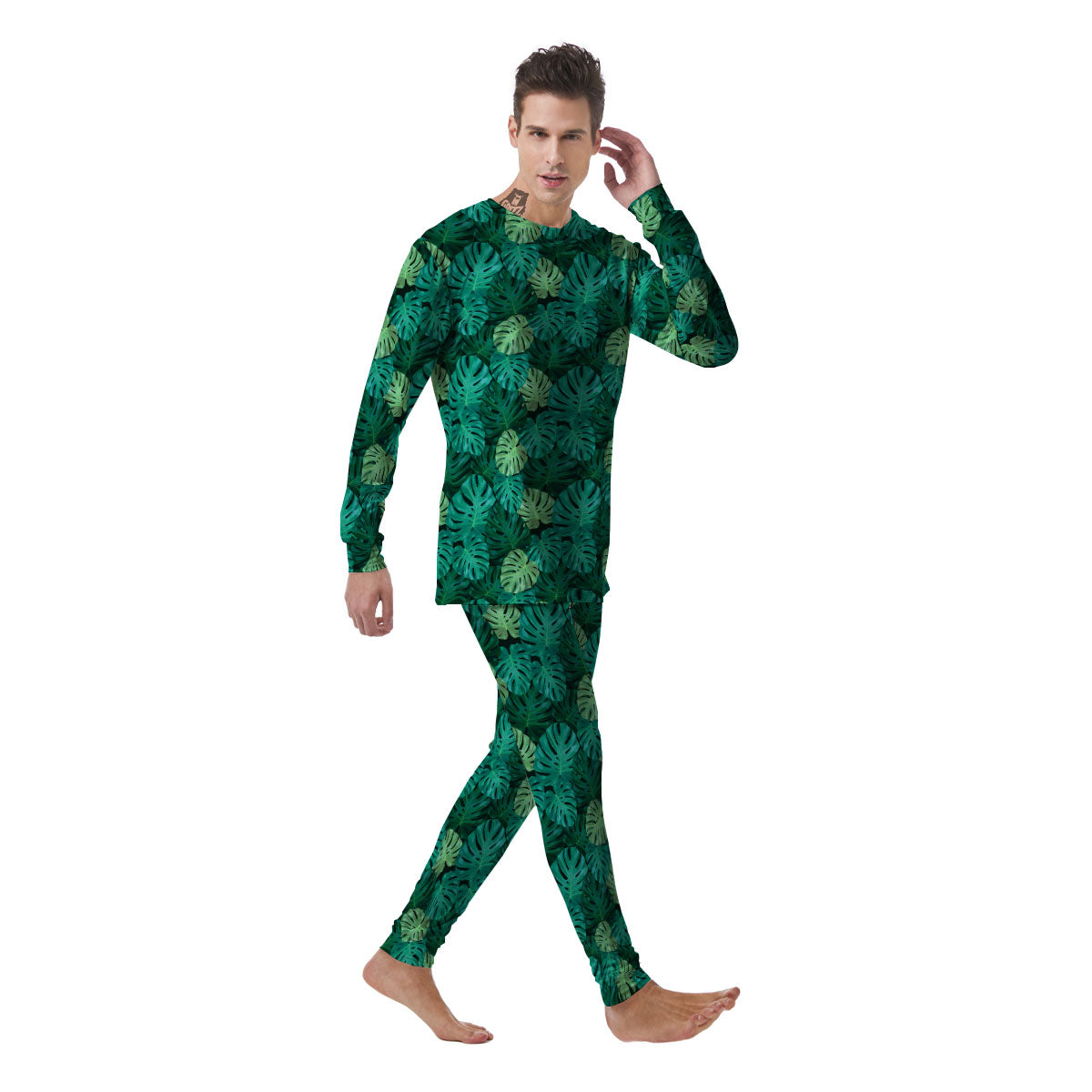 Monstera Leaf Green Print Men's Pajamas-grizzshop