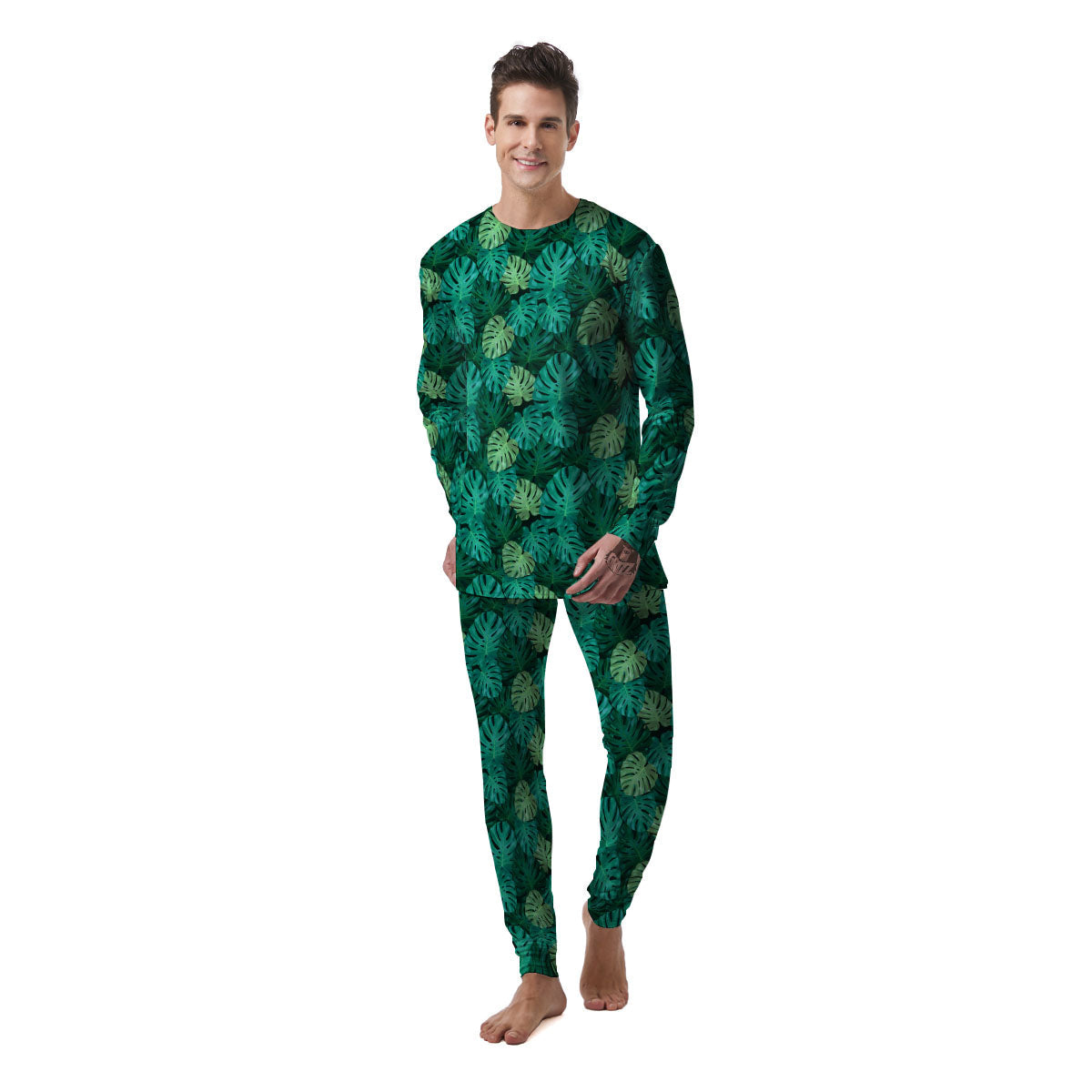 Monstera Leaf Green Print Men's Pajamas-grizzshop
