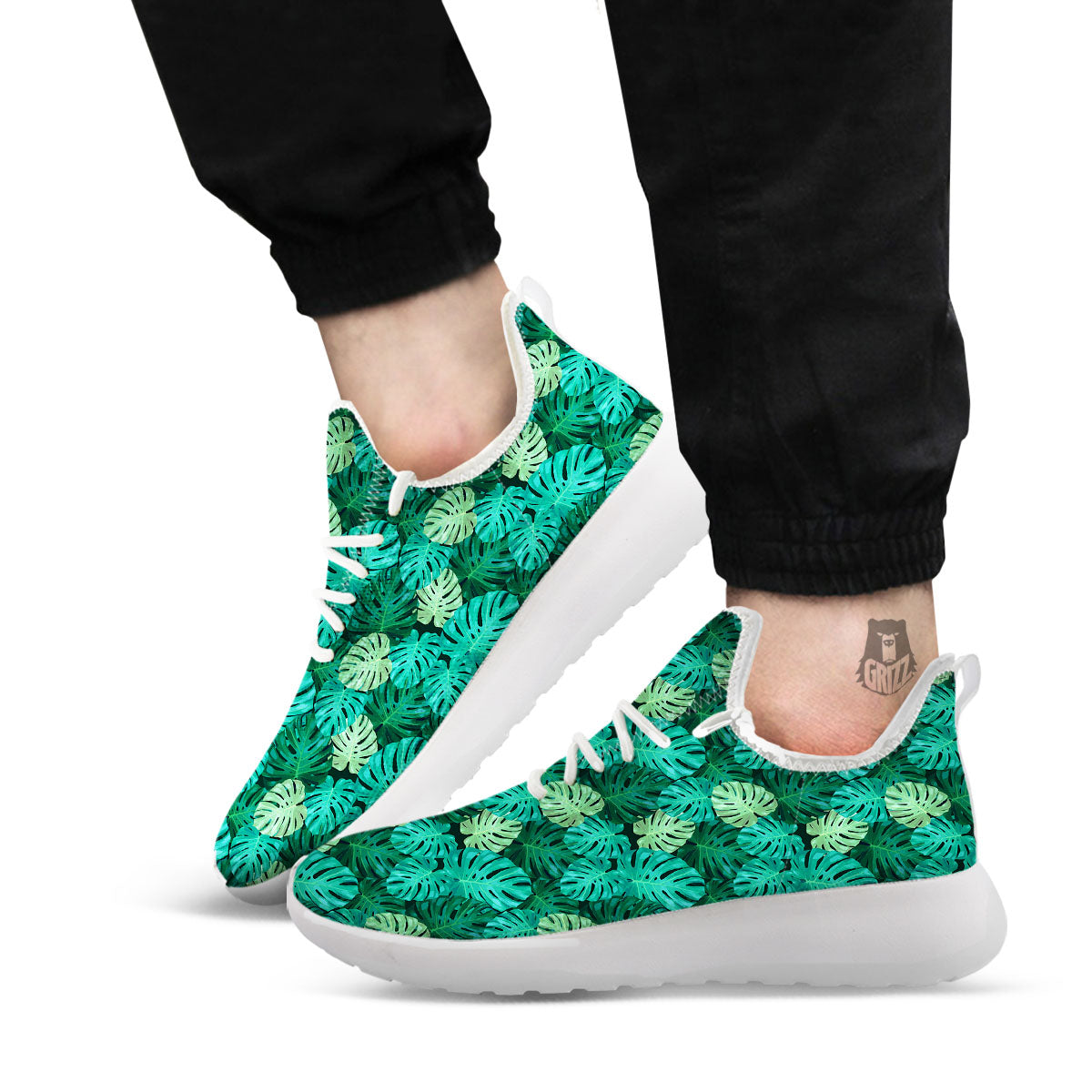 Monstera Leaf Green Print White Athletic Shoes-grizzshop