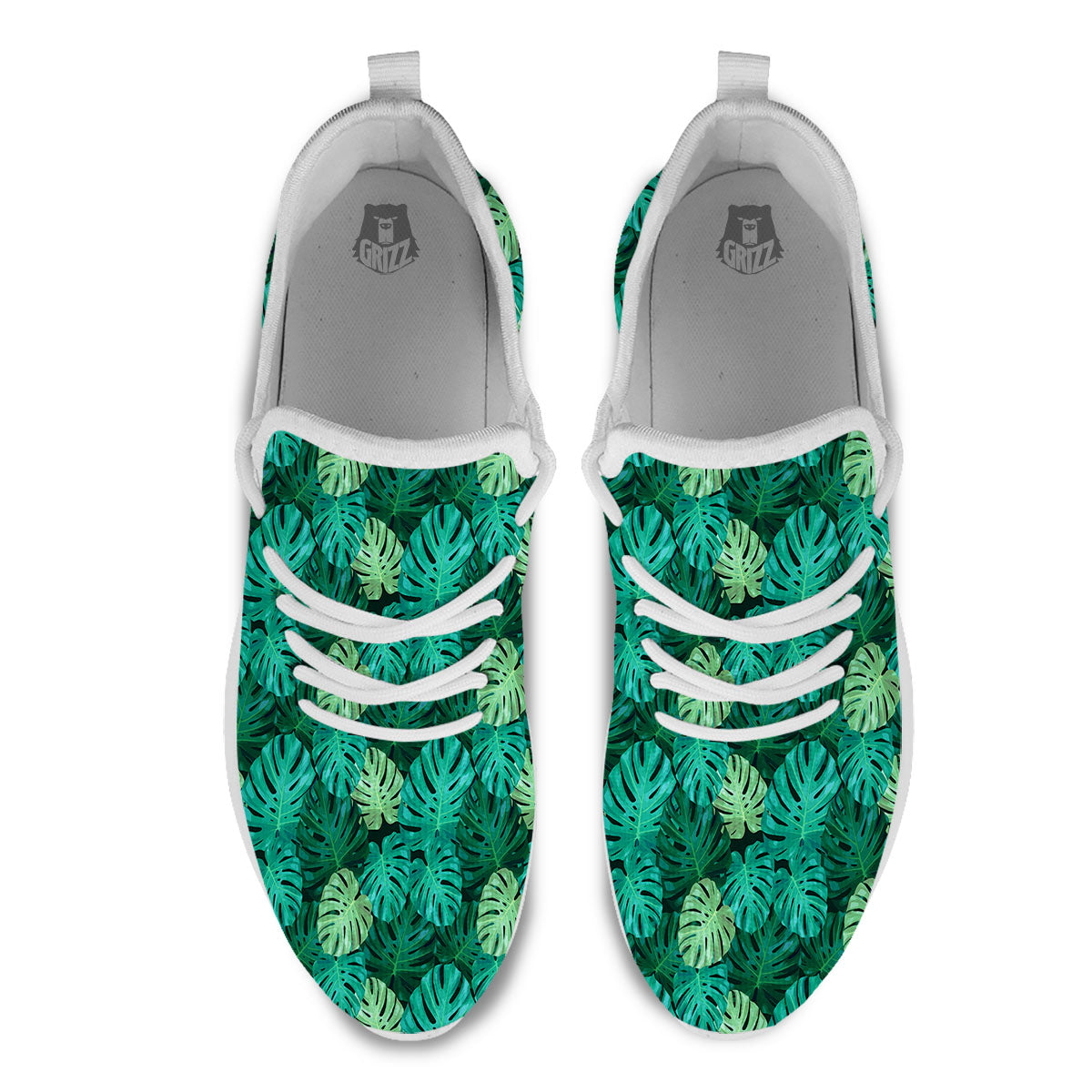 Monstera Leaf Green Print White Athletic Shoes-grizzshop